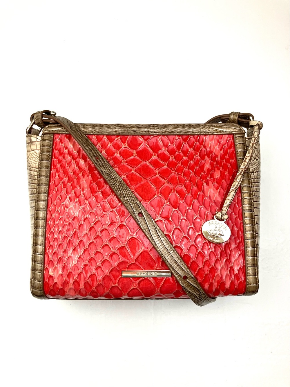 Brahmin Carrie Crossbody Candy Apple Carlisle Embossed Leather Bag